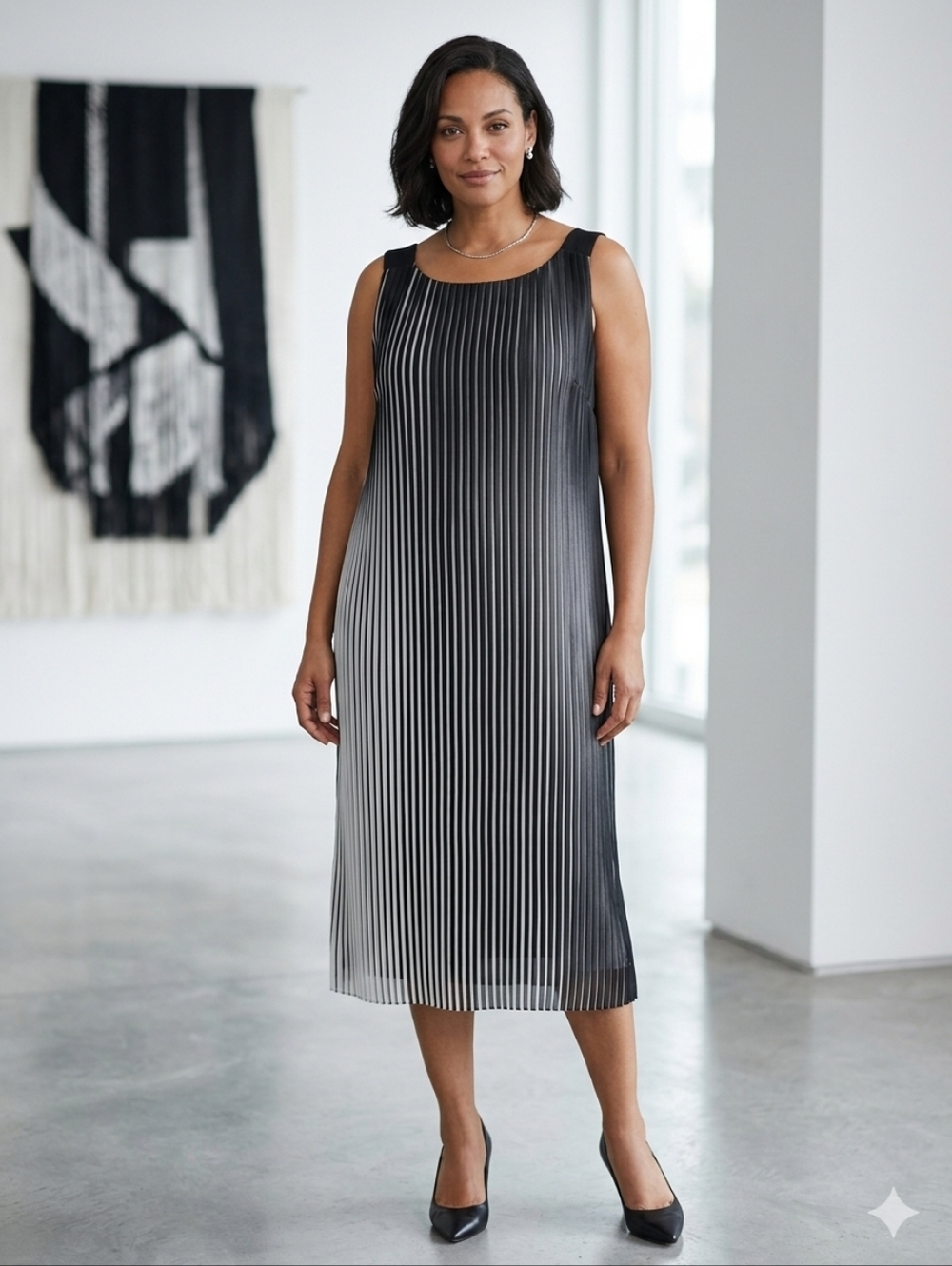Marina Rinaldi Pleated Chiffon Sleeveless Black White Italy Shift Dress 23 M L